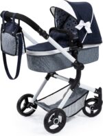Bayer Design 18481AB Combi Doll&#039;s pram Neo Vario with Bag and Shopping Basket, Convertible into a Stroller, Height Adjustable, Blue, White