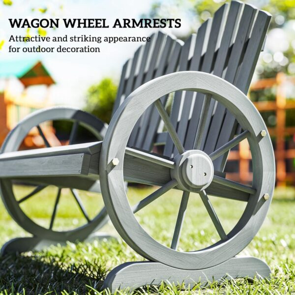 Outsunny 2 Seater Garden Bench, Comfortable Fir Wood Love Chair with Wagon Wheel-Shaped Armrests, Outdoor Adirondack Wooden Loveseats, Grey - Image 7