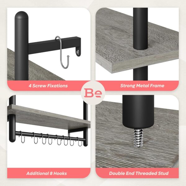 Bestier Floating Shelves Kitchen Shelves Wall Mounted 24" Wood Floating Shelf Bathroom 2 Tier Ladder Shelves with Tower Bar, Wall Decor for Bedroom, Living Room, Wine bar & Dorm,Grey Oak - Image 3