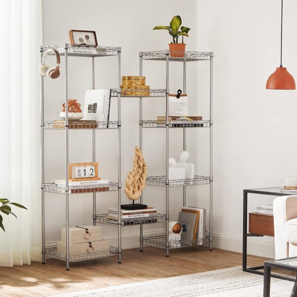 SONGMICS Metal Storage Shelf, Wire Basket Shelving Unit, Kitchen Storage Rack, 4 Hooks, PP Sheets, Adjustable Shelves, Total Load Capacity 100 kg, for Bathroom, Pantry, Small Spaces, Silver LGR105E01 - Image 4