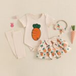 M9ppzzur7 Baby Girls Easter Outfit Carrot/Bunny Embroidery Romper and Ruffle Tutu Shorts Bloomer Shorts + Headband Set Clothes - Image 3
