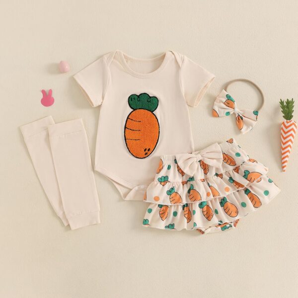 M9ppzzur7 Baby Girls Easter Outfit Carrot/Bunny Embroidery Romper and Ruffle Tutu Shorts Bloomer Shorts + Headband Set Clothes - Image 3