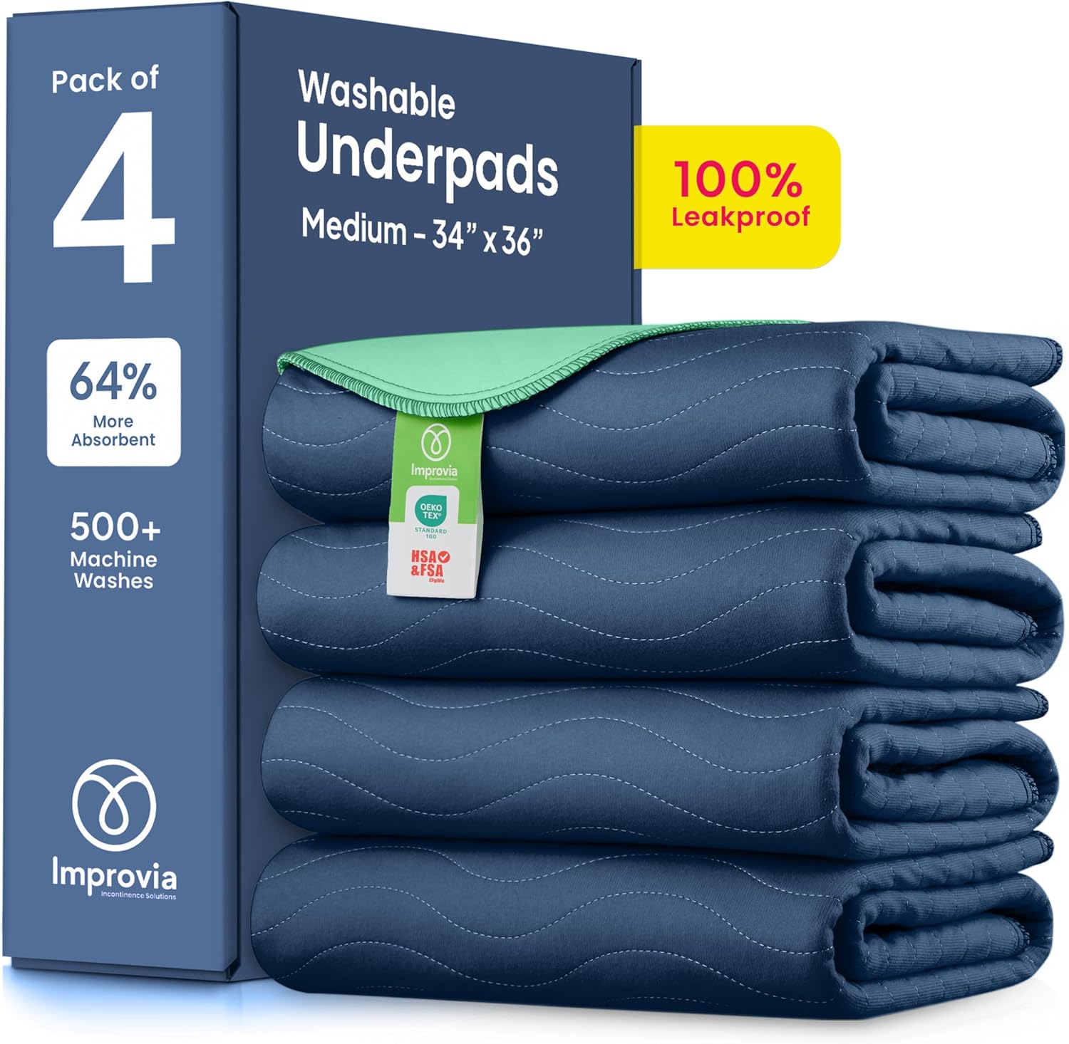 81CstKGrTlL._AC_SL1500_.jpg IMPROVIA® Washable Underpads, Heavy Absorbency Reusable Incontinence Pads for Kids, Adults, Elderly, and Pets - Waterproof Protection Floor Navy & Green (4 Pack - 34x36) - Image 1