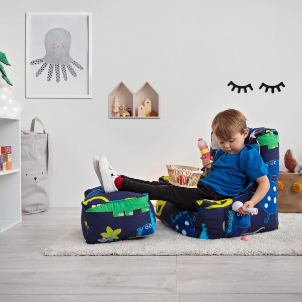 Ready Steady Bed Kids Bean Bag Chair With Footstool | Child Play Safe Soft Seat Playroom Sofa | Ergonomically Designed Toddler Armchair | Comfy Children Furniture (Dino Dark) - Image 2