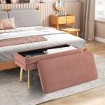 COSTWAY Storage Ottoman with Removable Top, Velvet Upholstered Storage Bench with Compartment & Gold Metal Legs, Modern Rectangular Footstool for Bedroom Living Room (Pink) - Image 9
