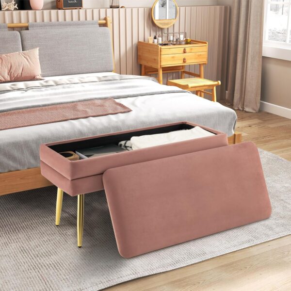 COSTWAY Storage Ottoman with Removable Top, Velvet Upholstered Storage Bench with Compartment & Gold Metal Legs, Modern Rectangular Footstool for Bedroom Living Room (Pink) - Image 9