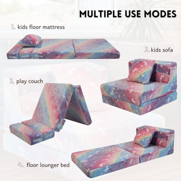 MeMoreCool Glow Rainbow Unicorn Tri-Fold Sofa Bed for Kids, Foldable Futon Mattress, Chair, and Floor Couch for Playroom - Image 4