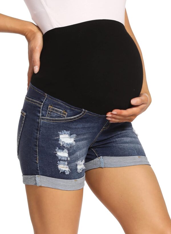 Foucome Maternity Denim Shorts Over Bump Casual Ripped Jean Shorts Trendy Distressed Rolled Hem Pregnancy Shorts - Image 2