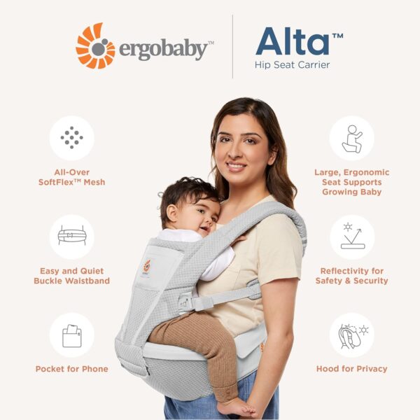 Ergobaby Alta Hip Seat Baby Carrier with Baby Seat for Babies and Toddlers from 4 Months (5.5 kg - 20.4 kg), Carrier with SoftFlex Mesh, Pearl Grey - Image 7