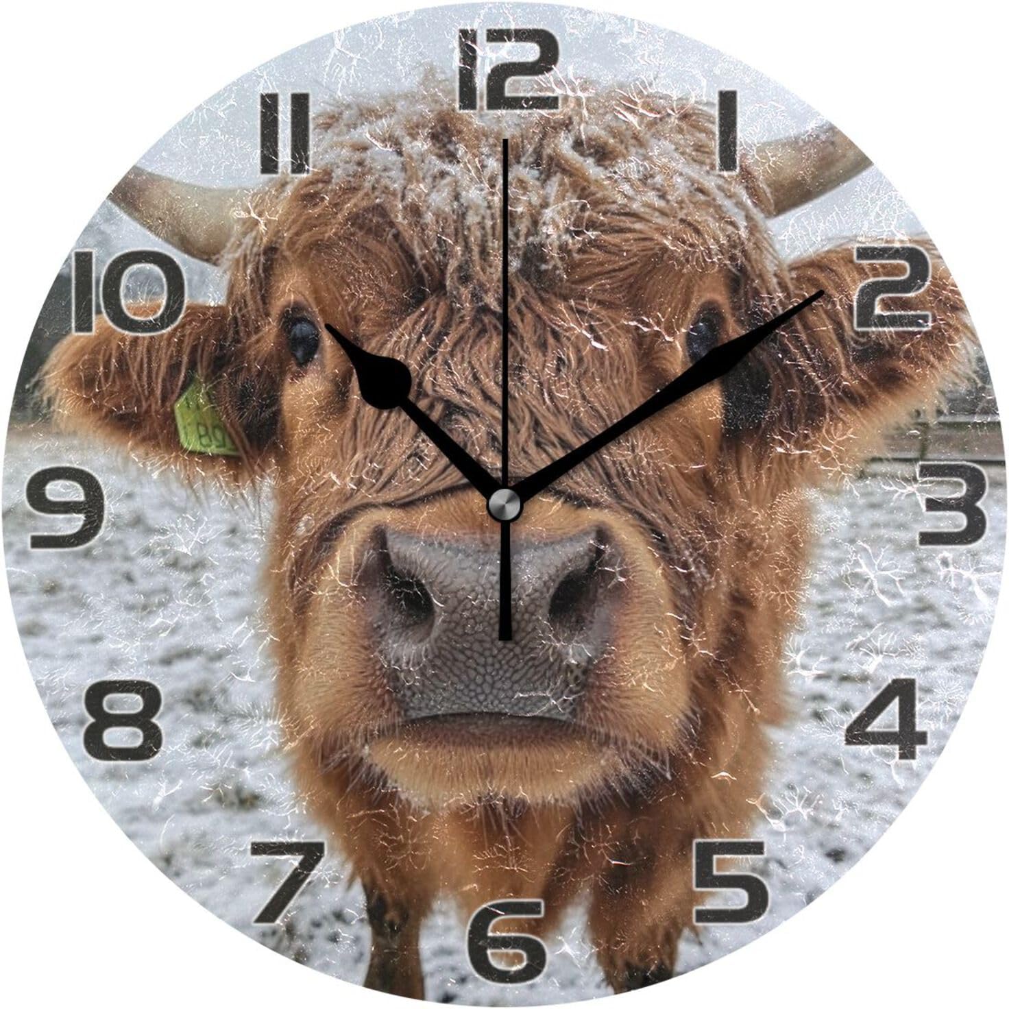 81HEzslF2XL._AC_SL1500_.jpg Ewusp Highland Cow Wall Clock Battery Operated Silent Non-Ticking Clock Round Quartz Decorative Clock for Kitchen Living Room Bedroom Office School Nursery, 25x25 cm - Image 1
