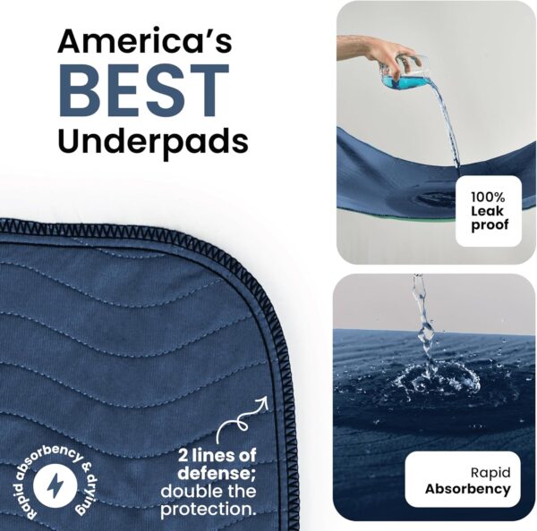 IMPROVIA® Washable Underpads, Heavy Absorbency Reusable Incontinence Pads for Kids, Adults, Elderly, and Pets - Waterproof Protection Floor Navy & Green (4 Pack - 34x36) - Image 2
