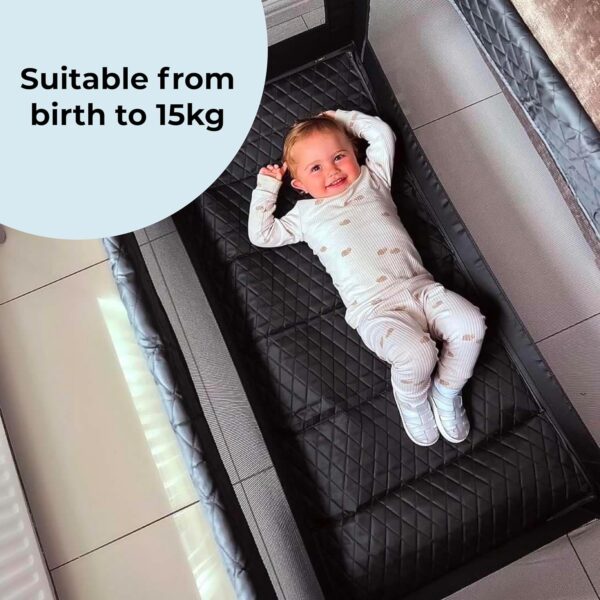 My Babiie Travel Cot - Lightweight, From Birth to 15kg, Easy Fold & Compact, Travel Bag, 120cm x 60cm Padded Mattress - Quilted Black - Image 2