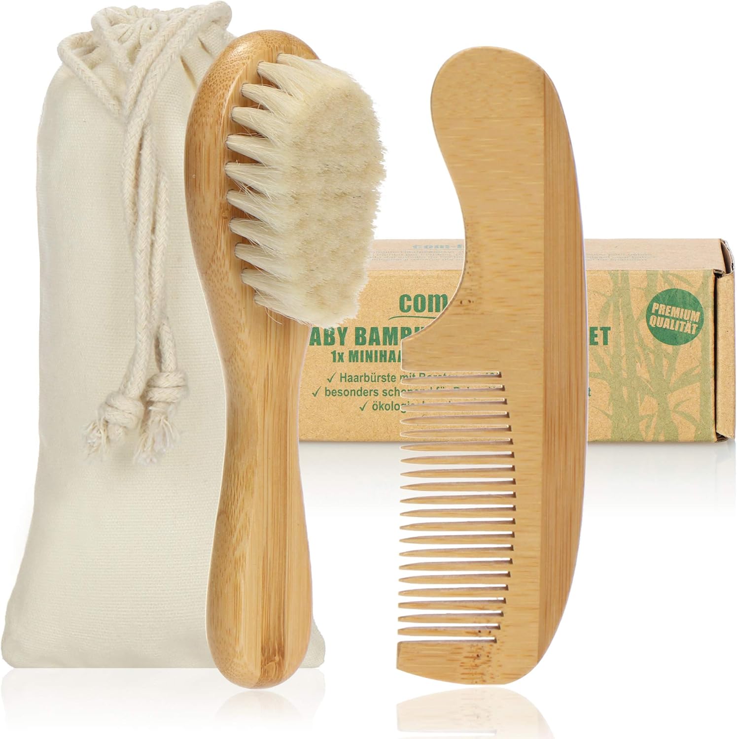 81Hnp920GoL._AC_SL1500_.jpg com-four® Baby brush and baby comb from 0 months for newborns and toddlers - Baby hair brush made of bamboo with soft sheep's wool (Comb + hairbrush - sheep) - Image 1