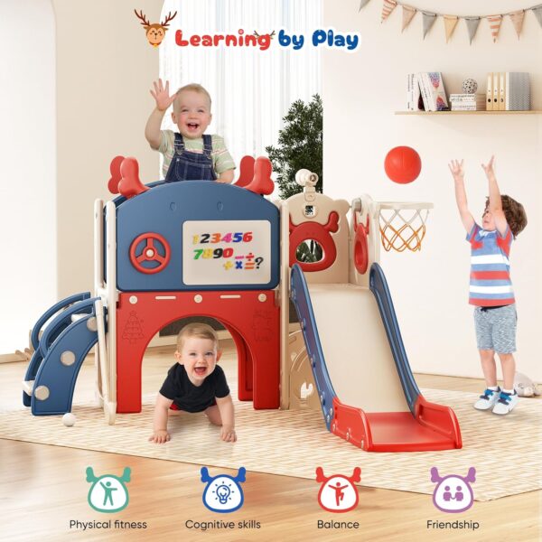 Krovtoy Christmas Elk Theme Toddler Slide,Toddler Slide Freestanding with Basketball Hoop, golf set,Baby Slide Playground Equipment,for in/outdoor use (Blue Red-6 in 1) - Image 7