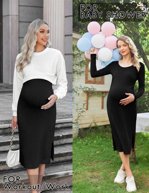 Ekouaer Maternity Dress Rib Knit Long Sleeve Side Slit Bodycon Dresses Pregnancy Baby Clothes, S-XXL - Image 3