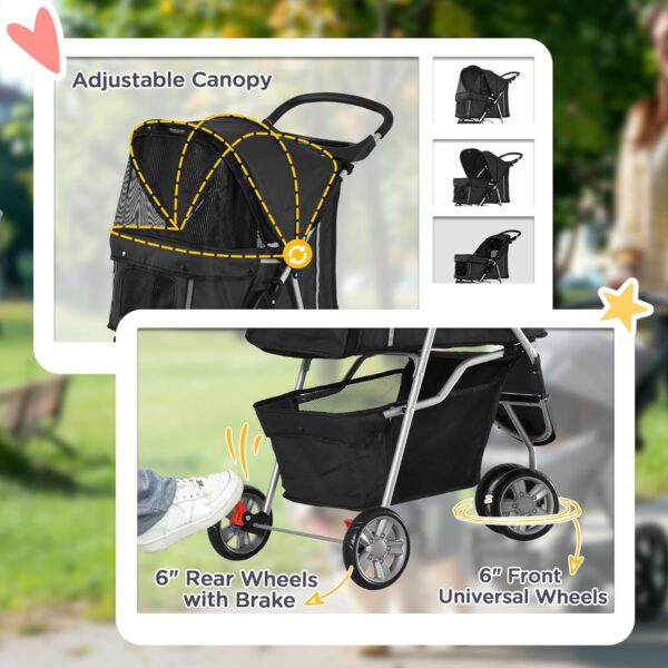 PawHut Pet Travel Stroller Cat Dog Pushchair Trolley Puppy Jogger Carrier Three Wheels for Small Miniature Dogs(Black) - Image 6