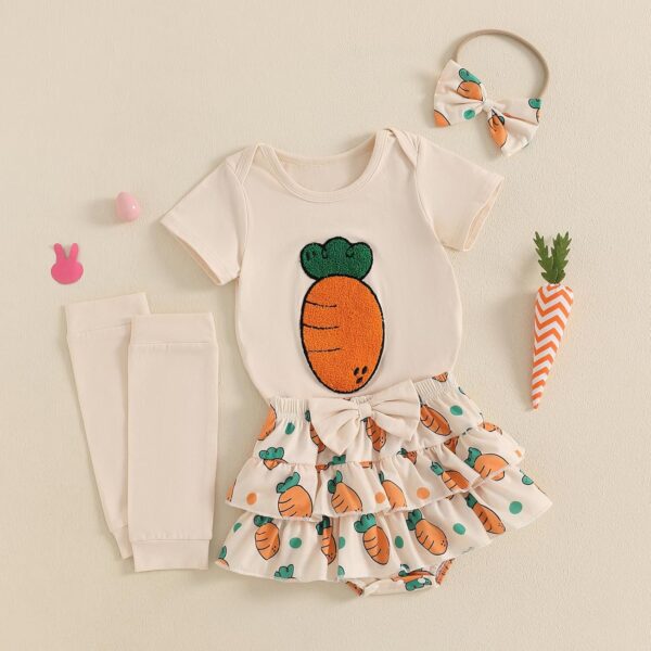 M9ppzzur7 Baby Girls Easter Outfit Carrot/Bunny Embroidery Romper and Ruffle Tutu Shorts Bloomer Shorts + Headband Set Clothes - Image 2