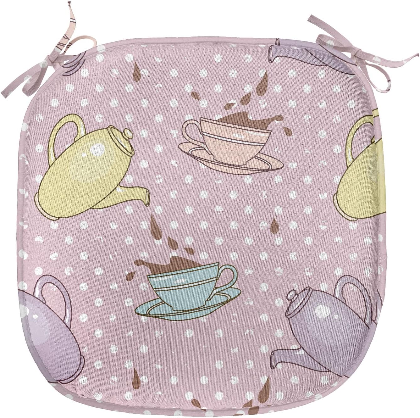 81Kg3PCNKFL._AC_SL1500_.jpg Ambesonne Tea Party Chair Seating Cushion, Polka Dots Background with Teapots Teacups Retro Cartoon Style, Anti-Slip Seat Padding for Kitchen & Patio, 16"x16", Pale Green Turquoise - Image 1