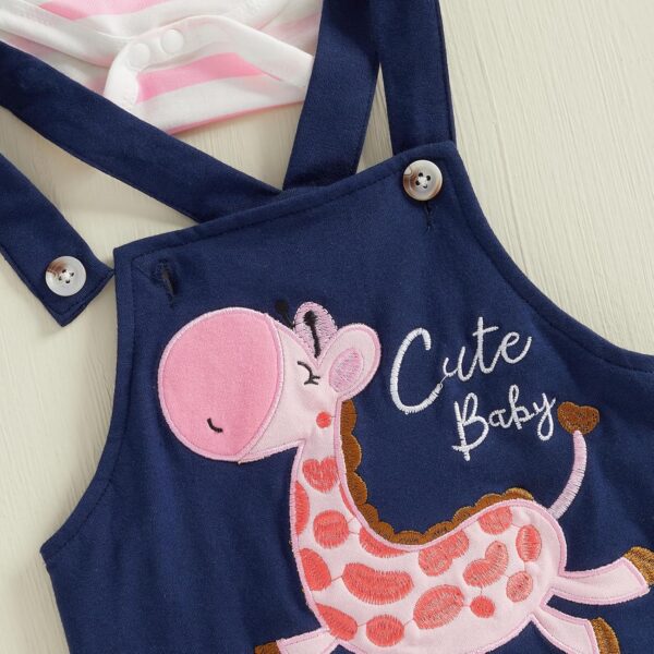 Infant Baby Boy Girl Spring Outfit Striped Long Sleeve Round Neck Romper Giraffe Embroidery Suspender Overall Pants Hat 3Pcs Set - Image 5