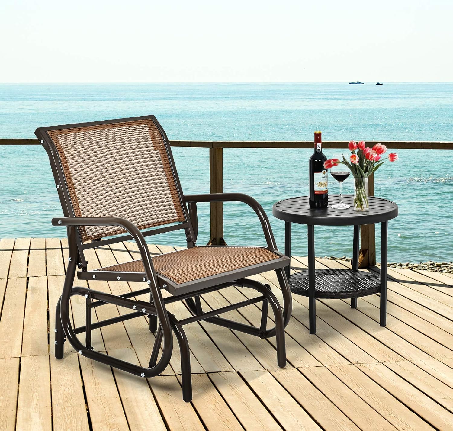 81N4KnEdC2L._AC_SL1500_.jpg CASART Outdoor Glider Chair, Garden Swing Chair with Sturdy Steel Frame, Single Seat Glider Rocking Chair for Patio, Backyard and Poolside (Brown) - Image 1