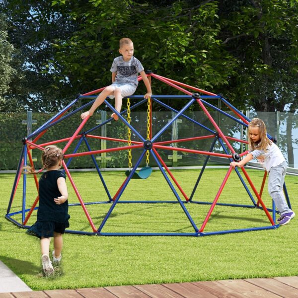 GYMAX 10FT Dome Climber, Kids Climbing Set with Swing and Convenient Grip, Indoor Outdoor Children Climbing Frame for 3-12 Years Old Boys Girls, Max Weight 350kg (Red+Blue, 305x293x159cm) - Image 7