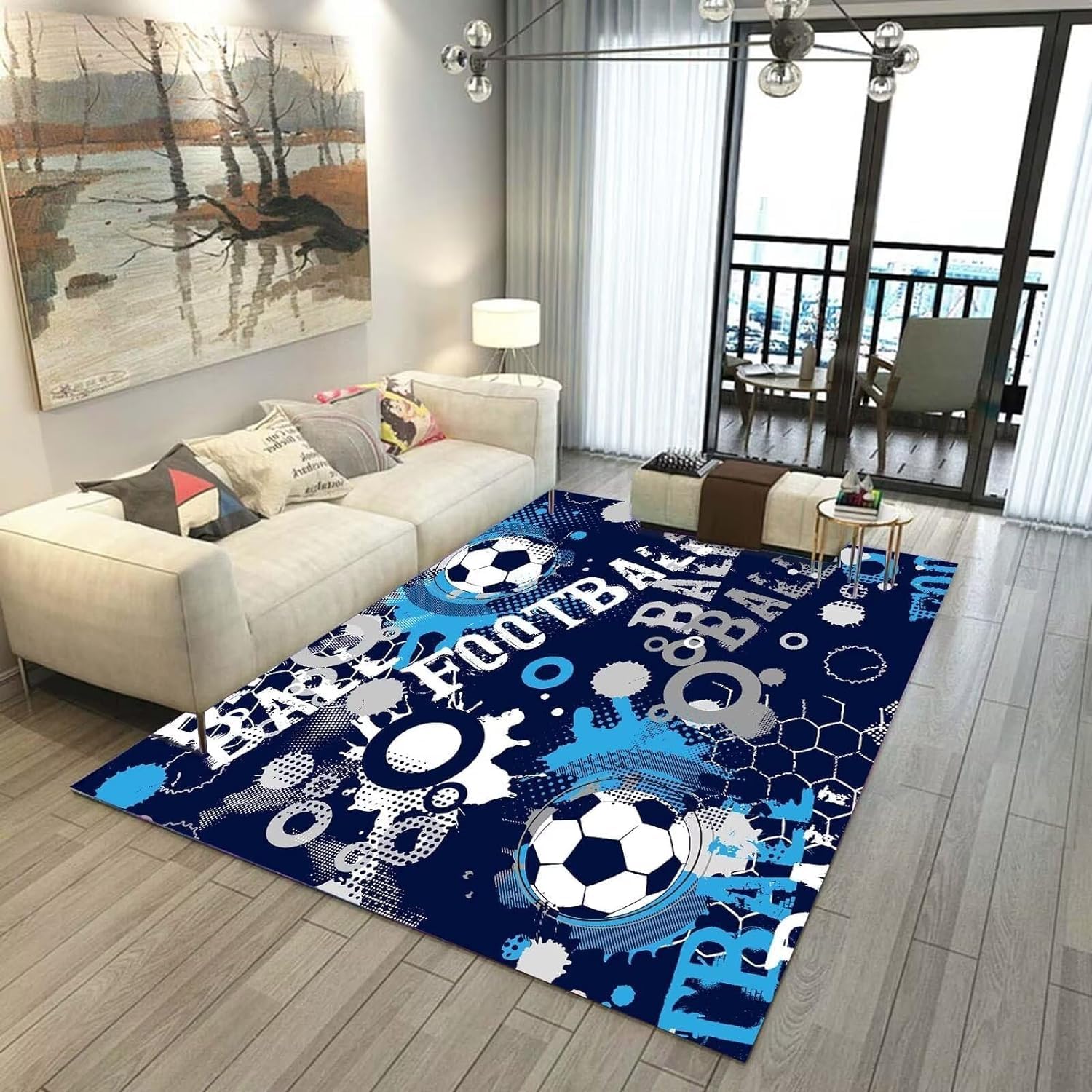 81O9gSGZssL._AC_SL1500_.jpg Football Rugs Boys Bedroom Living Room Rug Large 3D Graffiti Football Pattern Rug Blue Green Football Carpet Kids Teens Gaming Mat Washable Nursery Rug Runner Doormat (Navy blue,100x150cm) - Image 1