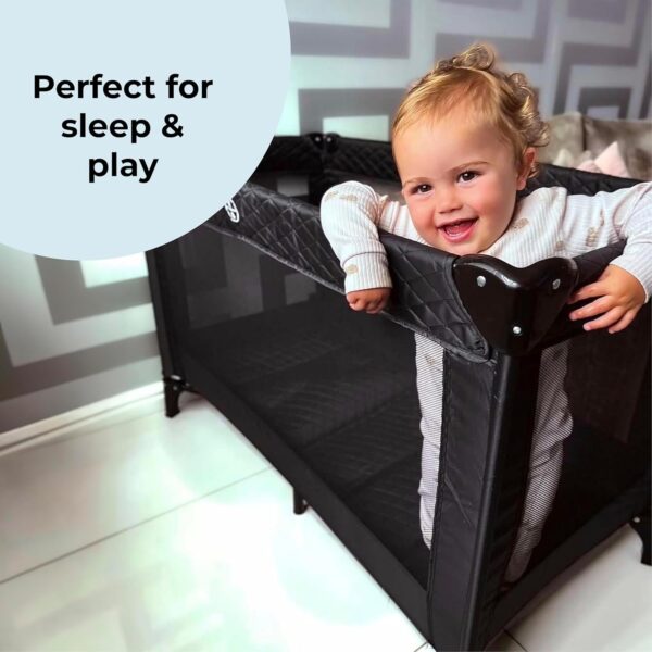 My Babiie Travel Cot - Lightweight, From Birth to 15kg, Easy Fold & Compact, Travel Bag, 120cm x 60cm Padded Mattress - Quilted Black - Image 5