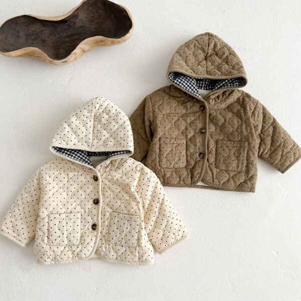 De feuilles Newborn Baby Boys Girls Quilted Hooded Coat Jacket Winter Warm Fleece Lining Button Down Outwear with Polka Dot Print - Image 3