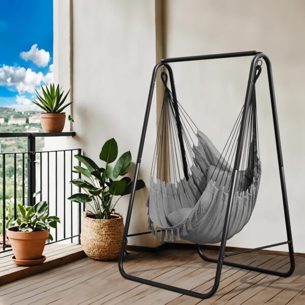 YITAHOME Hammock with Stand, Max. load 150 kg, Sturdy Steel Frame, Hammock Stand with Hanging Swing, 85x92x155 cm, Swing Chair with 2 Hooks and 1 Side Pocket for Patio, Balcony and Garden, Grey - Image 2
