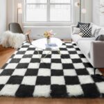KICMOR 5x7 Rug for Living Room Bedroom, Fluffy Black and White Area Rug Fuzzy Shaggy Floor Carpets, Big Large Soft Plush Checkered Rugs for Kids Girls Boys Room Dorm Nursery, Home Decor Aesthetic