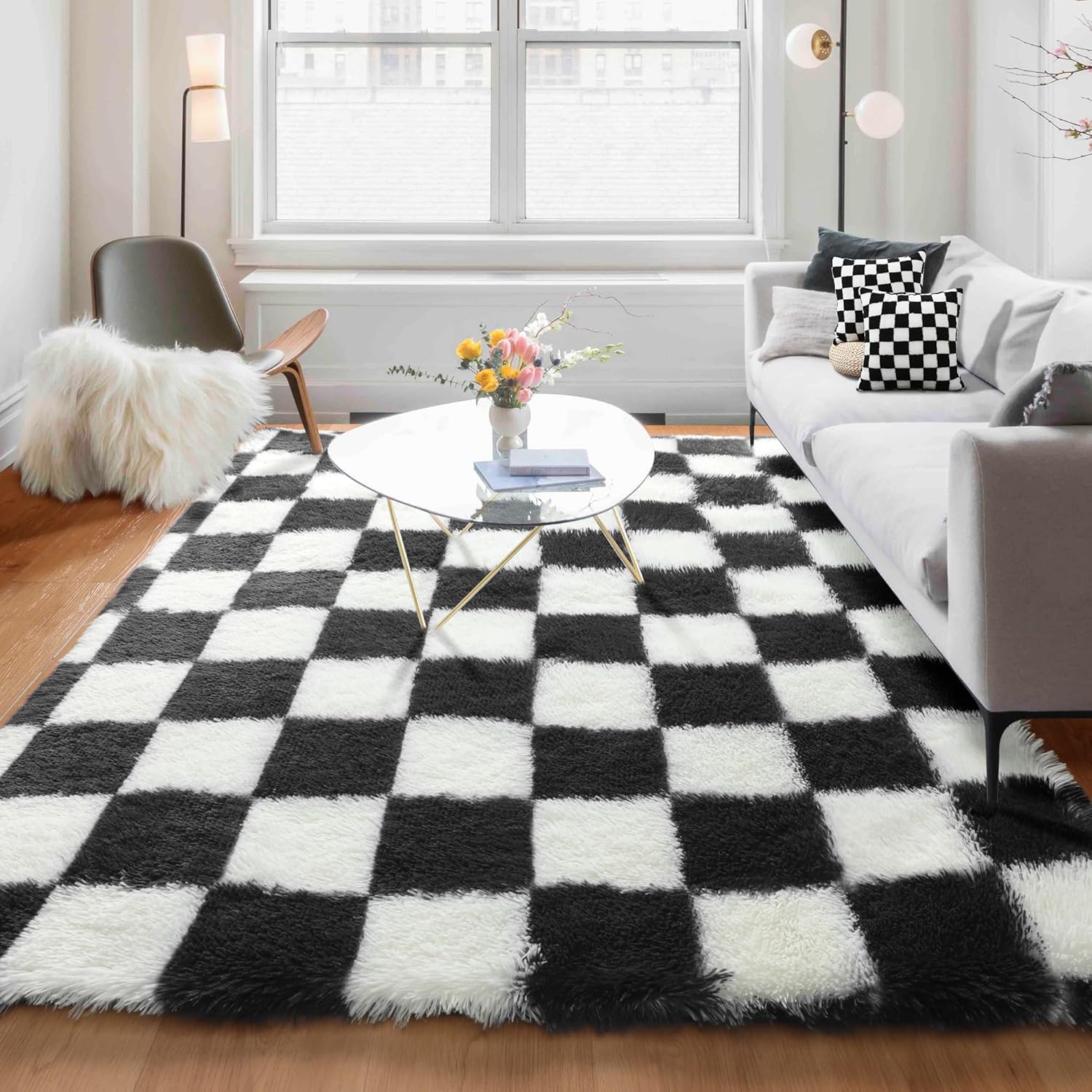 81UdpppK8wL._AC_SL1500_.jpg KICMOR 5x7 Rug for Living Room Bedroom, Fluffy Black and White Area Rug Fuzzy Shaggy Floor Carpets, Big Large Soft Plush Checkered Rugs for Kids Girls Boys Room Dorm Nursery, Home Decor Aesthetic - Image 1