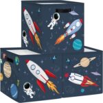 Clastyle 3 Pcs Space Kid Storage Cube Organizer Set Rocket Closet Clothes Cube Storage Bin Blue Nursery Toddler Toy Box Chest Astronaut Book Shelf Basket