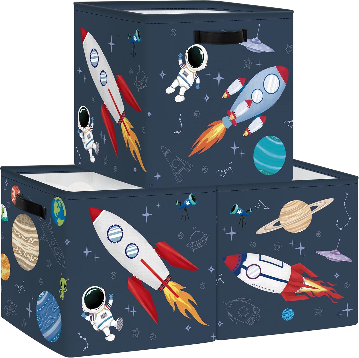 81VMTWIfLFL._AC_SL1500_.jpg Clastyle 3 Pcs Space Kid Storage Cube Organizer Set Rocket Closet Clothes Cube Storage Bin Blue Nursery Toddler Toy Box Chest Astronaut Book Shelf Basket - Image 1