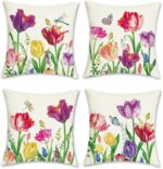 Bonhause Spring Flower Cushion Covers 45 x 45 cm Garden Floral Decorative Throw Pillow Covers for Sofa Bed Home Garden Outdoor Summer Spring Decor Set of 4
