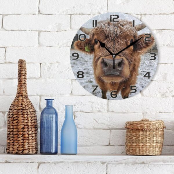 Ewusp Highland Cow Wall Clock Battery Operated Silent Non-Ticking Clock Round Quartz Decorative Clock for Kitchen Living Room Bedroom Office School Nursery, 25x25 cm - Image 3