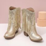 Kids Winter Boots Girls Ankle Boots Gold Sequins Tassel Leather Cowboy Boots Thick Heels Boots for Girls Mid Calf Riding Shoes - Image 4