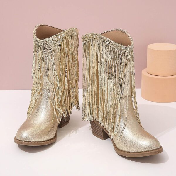 Kids Winter Boots Girls Ankle Boots Gold Sequins Tassel Leather Cowboy Boots Thick Heels Boots for Girls Mid Calf Riding Shoes - Image 4