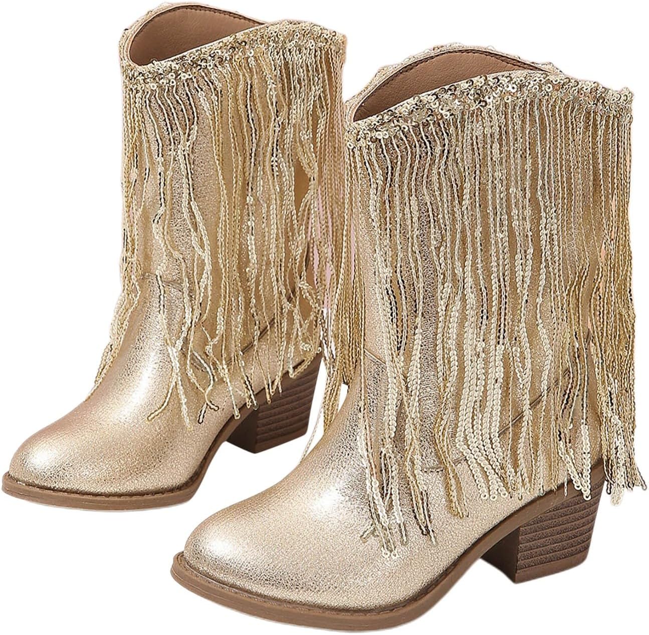 81WsdecX5RL._AC_SL1500_.jpg Kids Winter Boots Girls Ankle Boots Gold Sequins Tassel Leather Cowboy Boots Thick Heels Boots for Girls Mid Calf Riding Shoes - Image 1