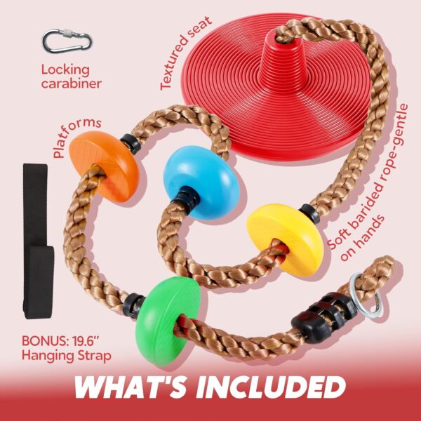 TURFEE Climbing Rope Tree Kids Swing with Platforms and Disc Swings Seat,Outdoor Indoor Backyard Playground Swingset Accessories Single Disk 6 Ft Outdoor Climbing Rope,Carabiner &4 Ft Tree Strap - Image 2