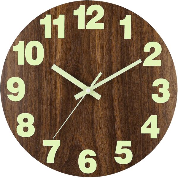Plumeet Night Light Wall Clock, 12 Inch Wooden Glow in the Dark Clock for Bedroom, Silent Lighted up Wall Clock Luminous Numerals and Hands, Battery Operated for Living Room/Kitchen, Brown - Image 2