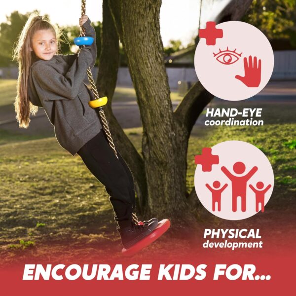 TURFEE Climbing Rope Tree Kids Swing with Platforms and Disc Swings Seat,Outdoor Indoor Backyard Playground Swingset Accessories Single Disk 6 Ft Outdoor Climbing Rope,Carabiner &4 Ft Tree Strap - Image 4