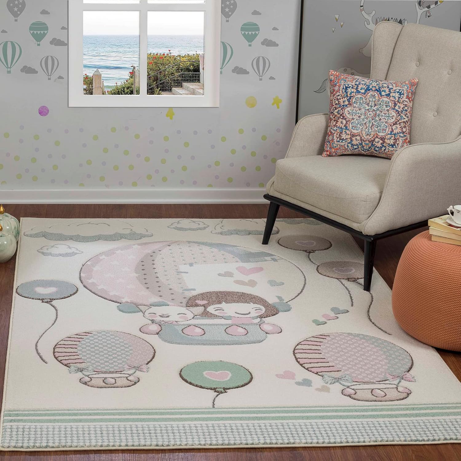 81XaK71b3IL._AC_SL1500_.jpg Livabliss Hot Air Balloon Kids Rug - Childrens Rugs for Bedroom 160x213 cm, Kids Carpet for Girls and Boys Bedroom, Playroom and Nursery Rugs, Baby Rug for Girl or Boy Room, Beige and Pink - Image 1
