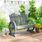 Outsunny 2 Seater Garden Bench, Comfortable Fir Wood Love Chair with Wagon Wheel-Shaped Armrests, Outdoor Adirondack Wooden Loveseats, Grey - Image 2