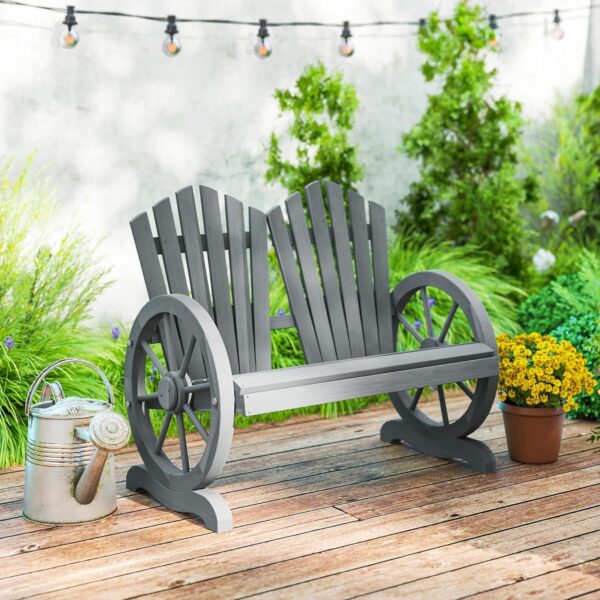 Outsunny 2 Seater Garden Bench, Comfortable Fir Wood Love Chair with Wagon Wheel-Shaped Armrests, Outdoor Adirondack Wooden Loveseats, Grey - Image 2