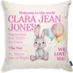 KRAFTYGIFTS Personalised Christening Gift Bunny Rabbit Cushion Cover Baby Boy Girl Pillow KC (Baby Girl KC96)