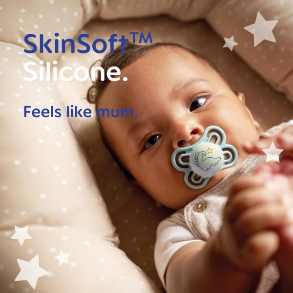 MAM Perfect Night Soothers 2-6 Months (Pack of 2), Thinner and Softer Baby Soother, Glow in the Dark Soother with Self Sterilising Travel Case, Newborn Essentials, White (Designs May Vary) - Image 7