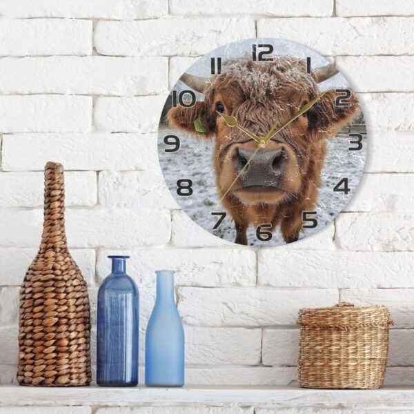 Ewusp Highland Cow Wall Clock Battery Operated Silent Non-Ticking Clock Round Quartz Decorative Clock for Kitchen Living Room Bedroom Office School Nursery, 25x25 cm - Image 7