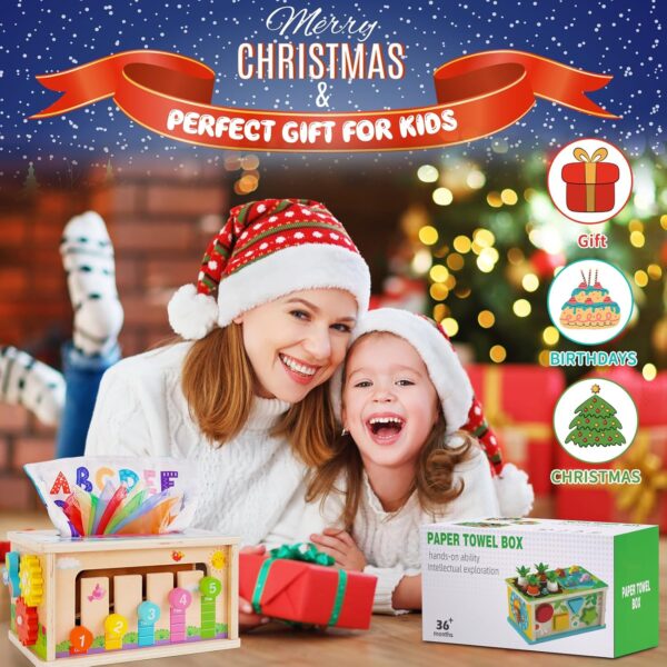 FCSONU Toddlers Montessori Toys for 3 Year Old Boys Girls, Wooden Baby Tissue Box Toys for Ages 3-4 Kids, Activity Cube|Sensory Toys for Toddlers 3, Christmas Birthday Gifts for 36+ Months - Image 7