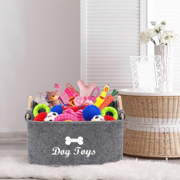 Geyecete dog toy basket storage Bins - with Wooden Handle,Collapsible Pet Supplies Storage Basket puppy toy box storage Basket/Bin Kids Toy Chest Storage Trunk(Grey) - Image 6