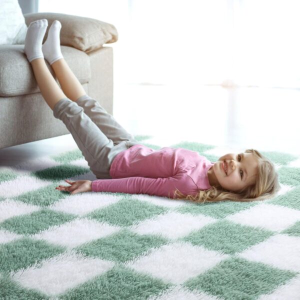 KICMOR 4x6 Rug for Bedroom Living Room, Fluffy Sage Green and White Checkered Area Rugs, Fuzzy Shag Shaggy Floor Carpet Soft Plush Checkerboard Rug for Children Kids Boys Room, Nursery, Classroom - Image 7